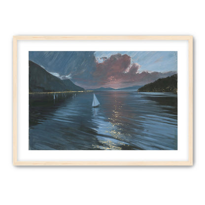 A sailboat beneath storm clouds