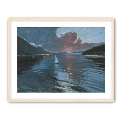 A sailboat beneath storm clouds