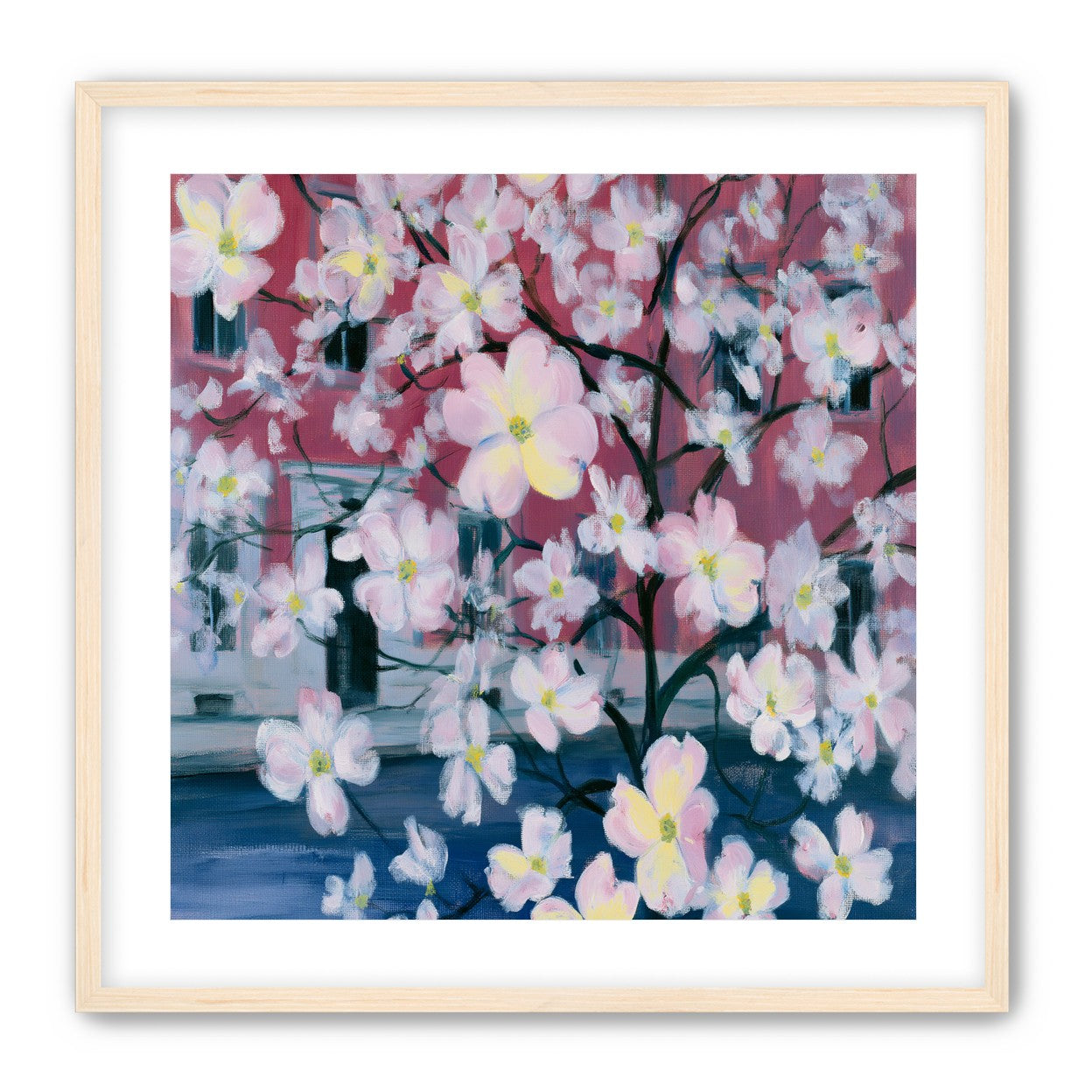 Blossoms across red windows