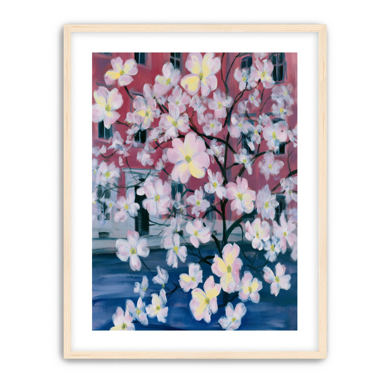 Blossoms across red windows