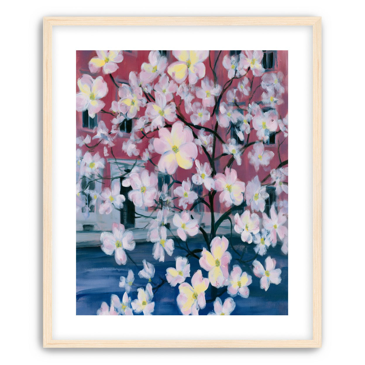 Blossoms across red windows