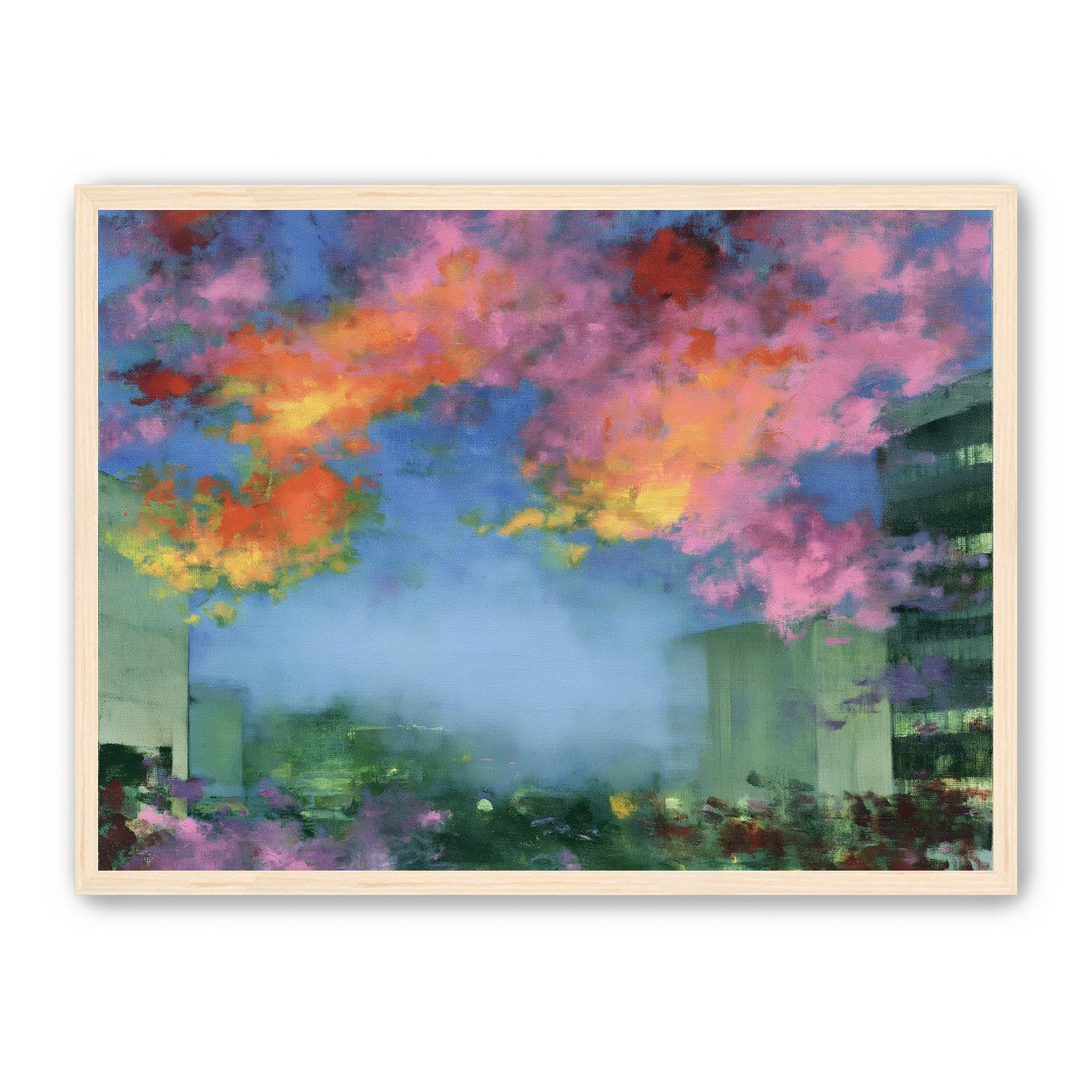 Neon clouds over rooftops