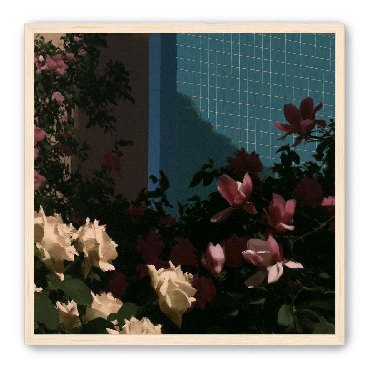 Flowers beneath the tiled wall