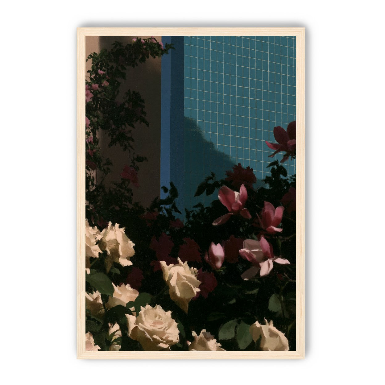 Flowers beneath the tiled wall