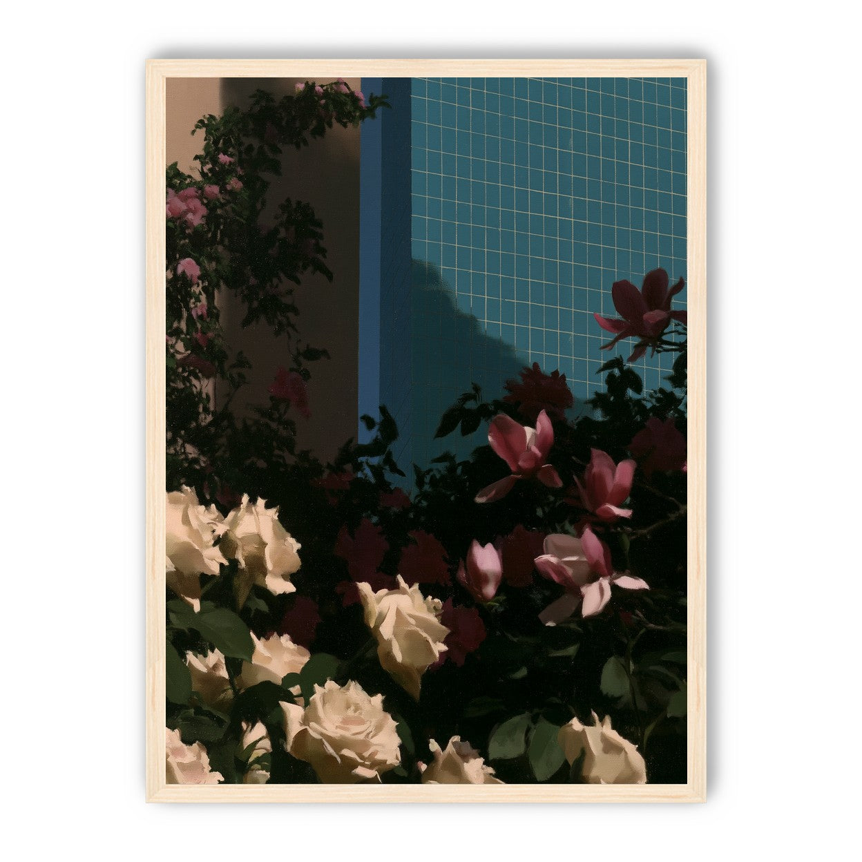 Flowers beneath the tiled wall