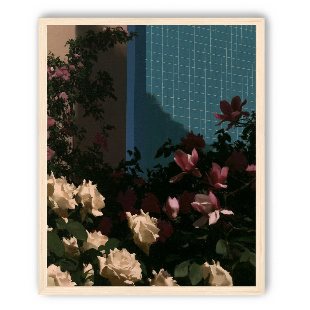Flowers beneath the tiled wall