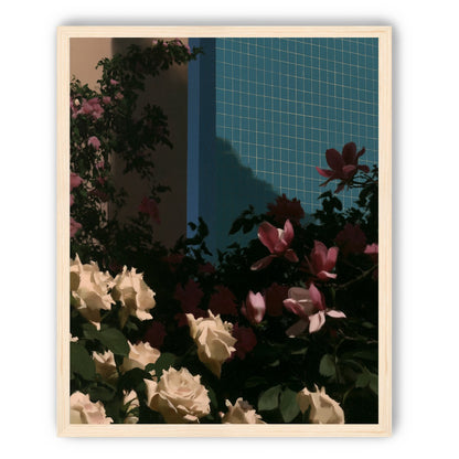 Flowers beneath the tiled wall