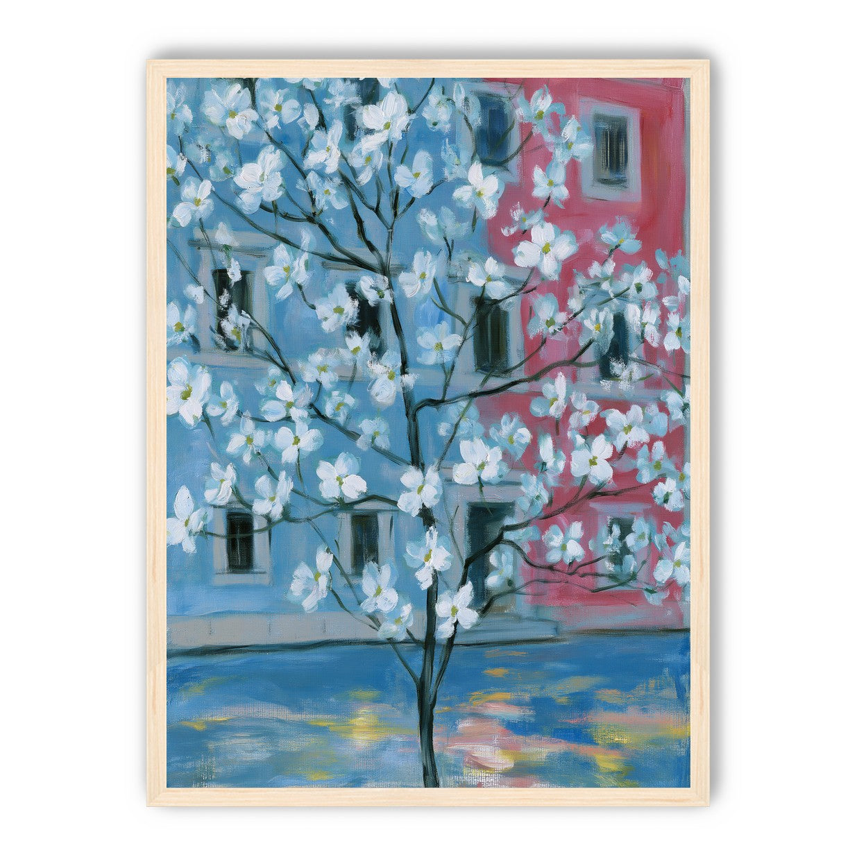 White blossoms across blue and pink