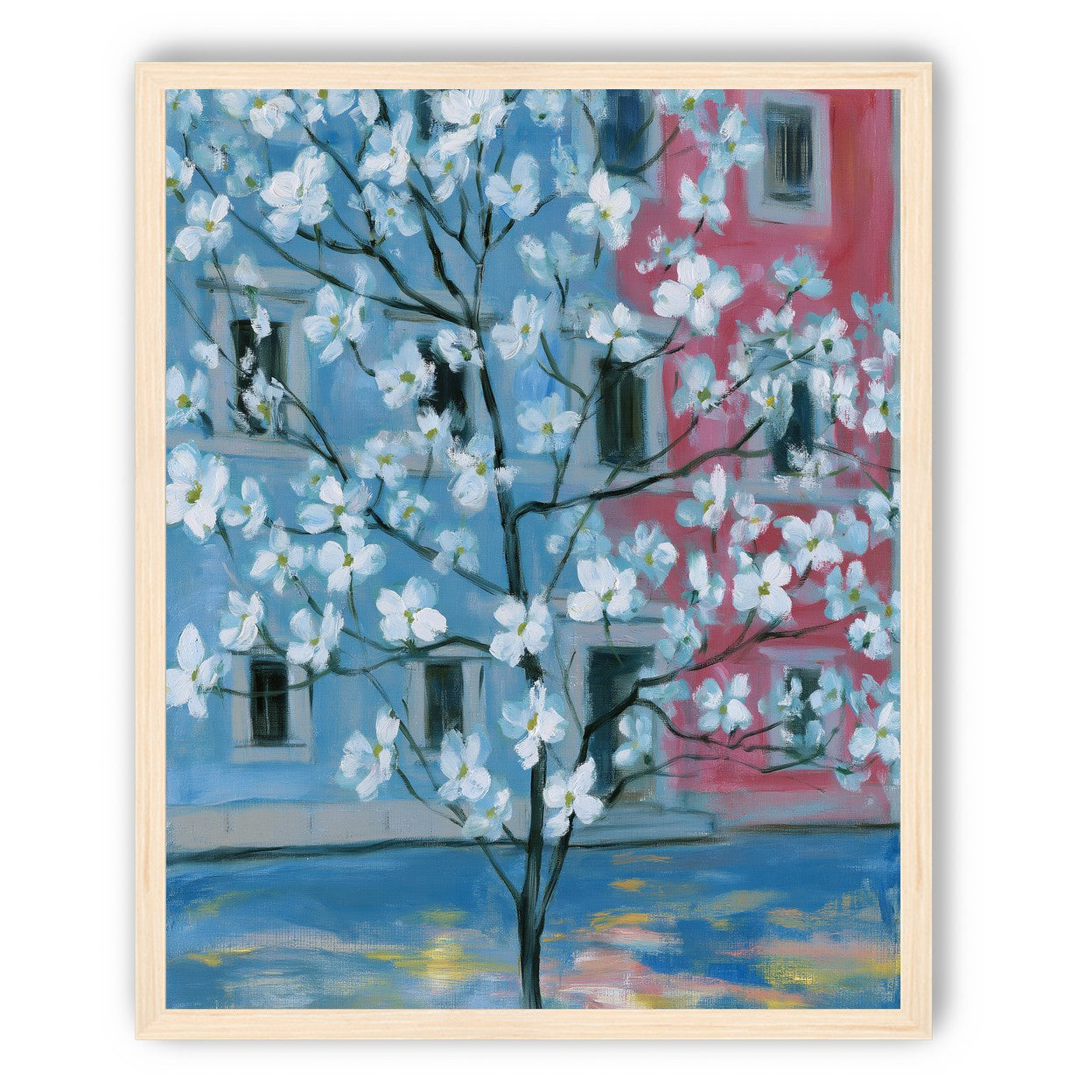 White blossoms across blue and pink