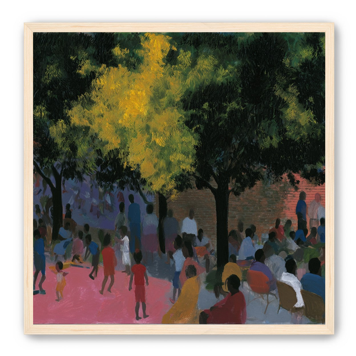 Children playing under trees