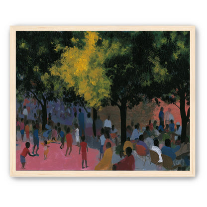 Children playing under trees