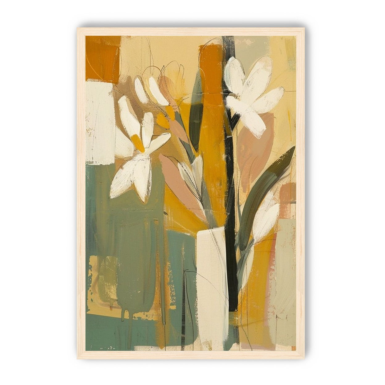 White flowers in ochre blocks
