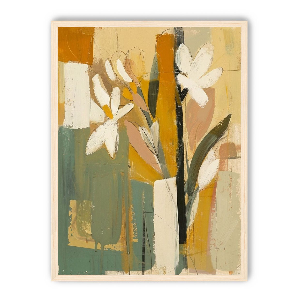 White flowers in ochre blocks