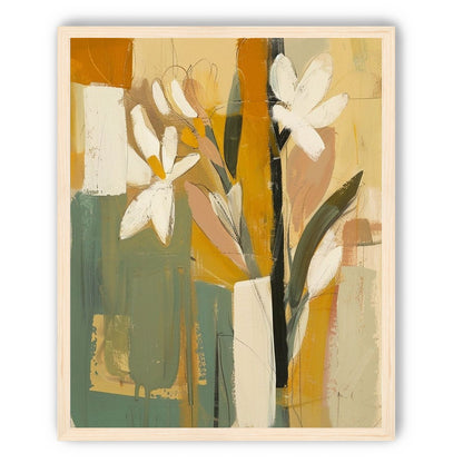 White flowers in ochre blocks