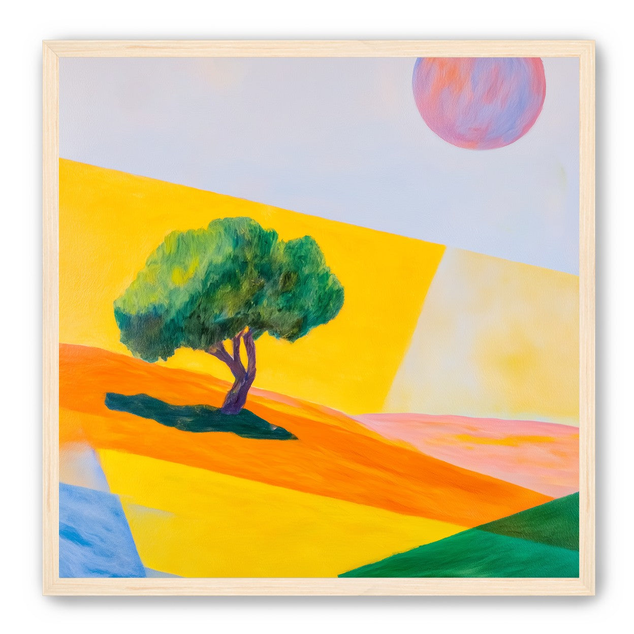 Pink sun over yellow hills