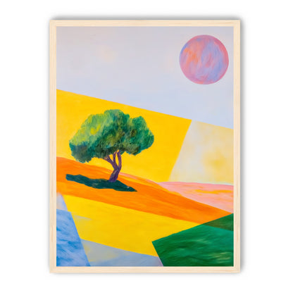Pink sun over yellow hills
