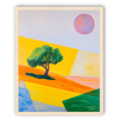 Pink sun over yellow hills