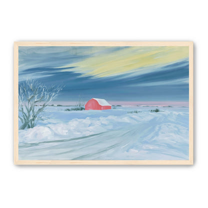 Red barn beneath winter sky
