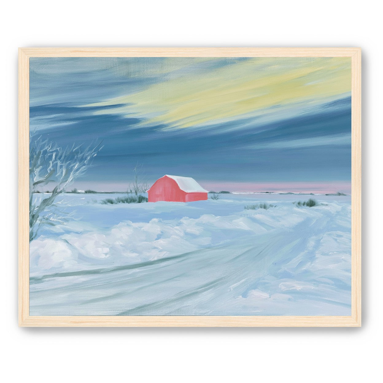 Red barn beneath winter sky