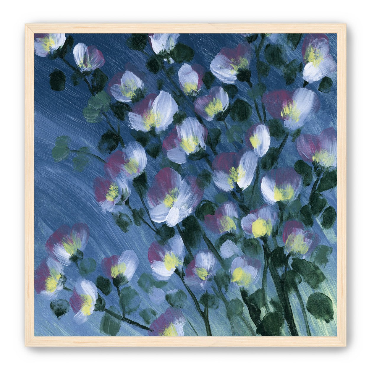 White blossoms on blue field