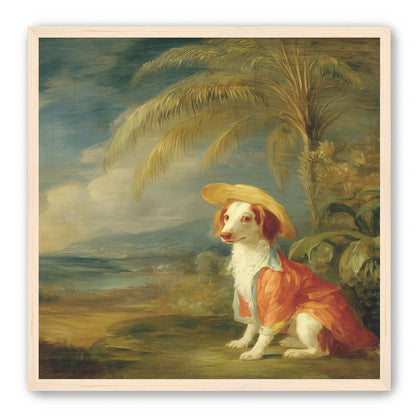 A hatted dog by the sea