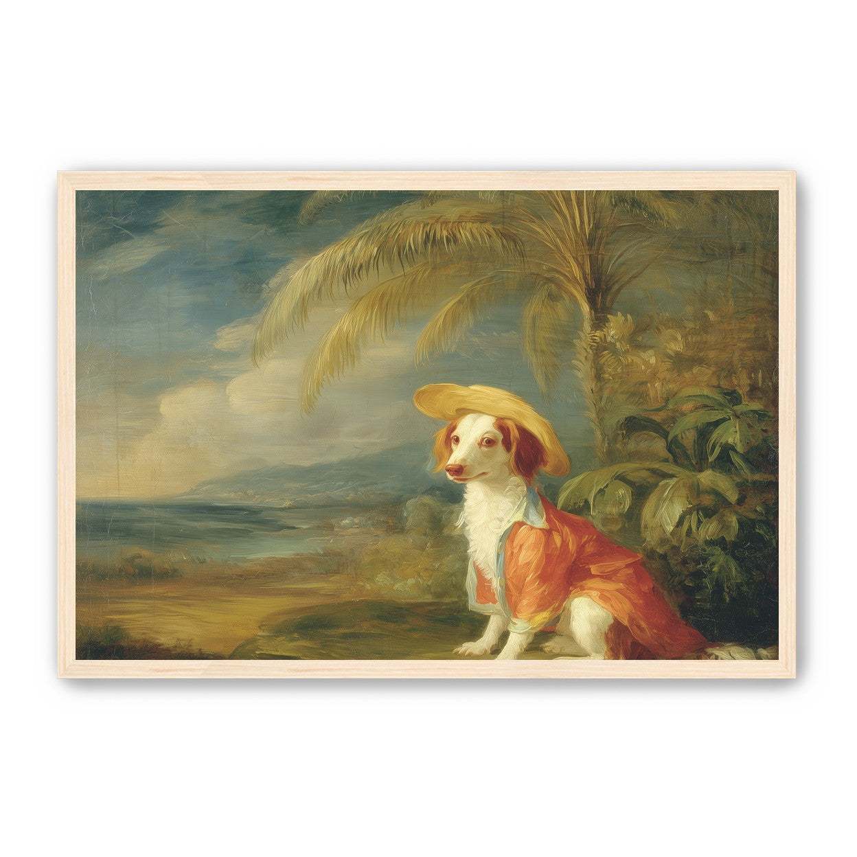 A hatted dog by the sea
