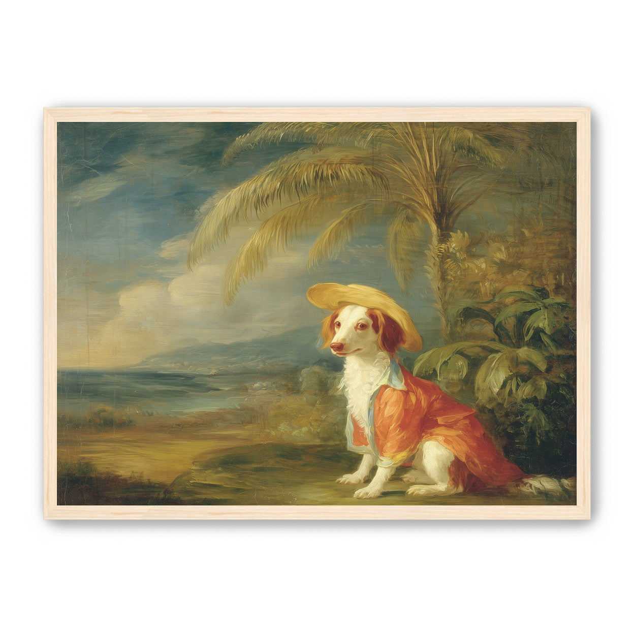 A hatted dog by the sea