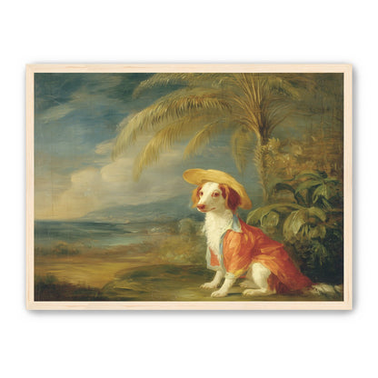 A hatted dog by the sea