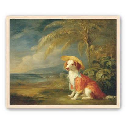 A hatted dog by the sea