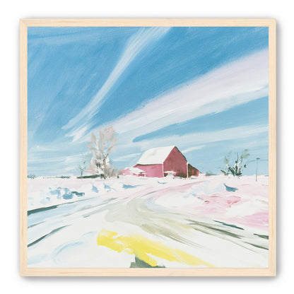 White sky over red barn