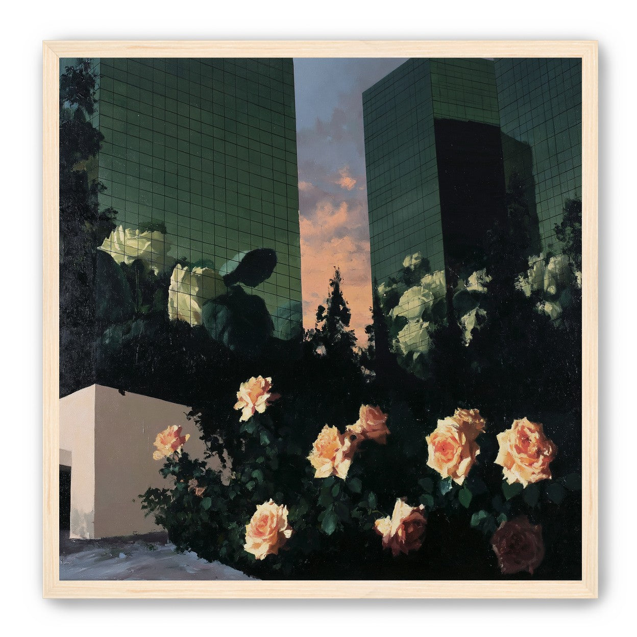 Roses under green towers