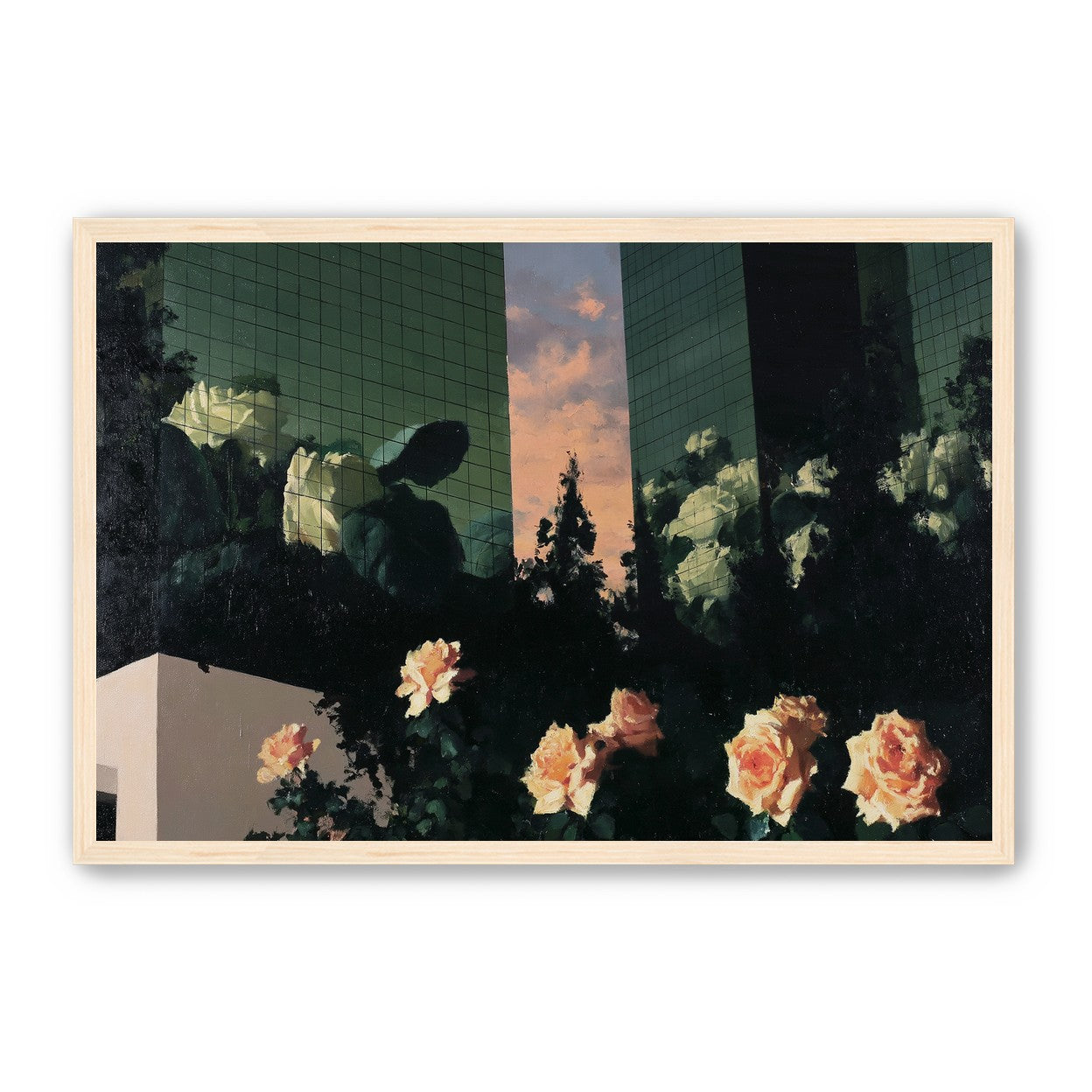 Roses under green towers