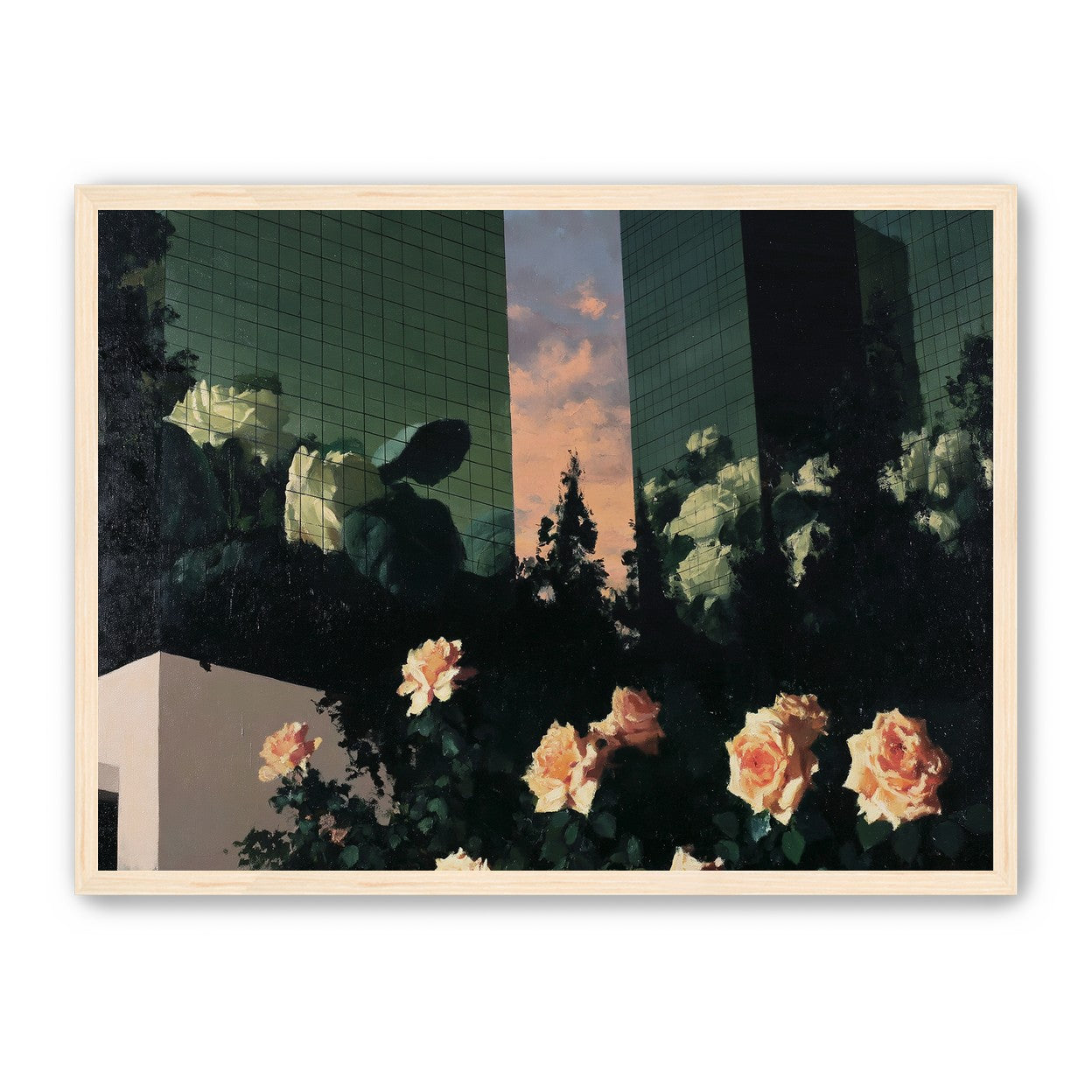 Roses under green towers