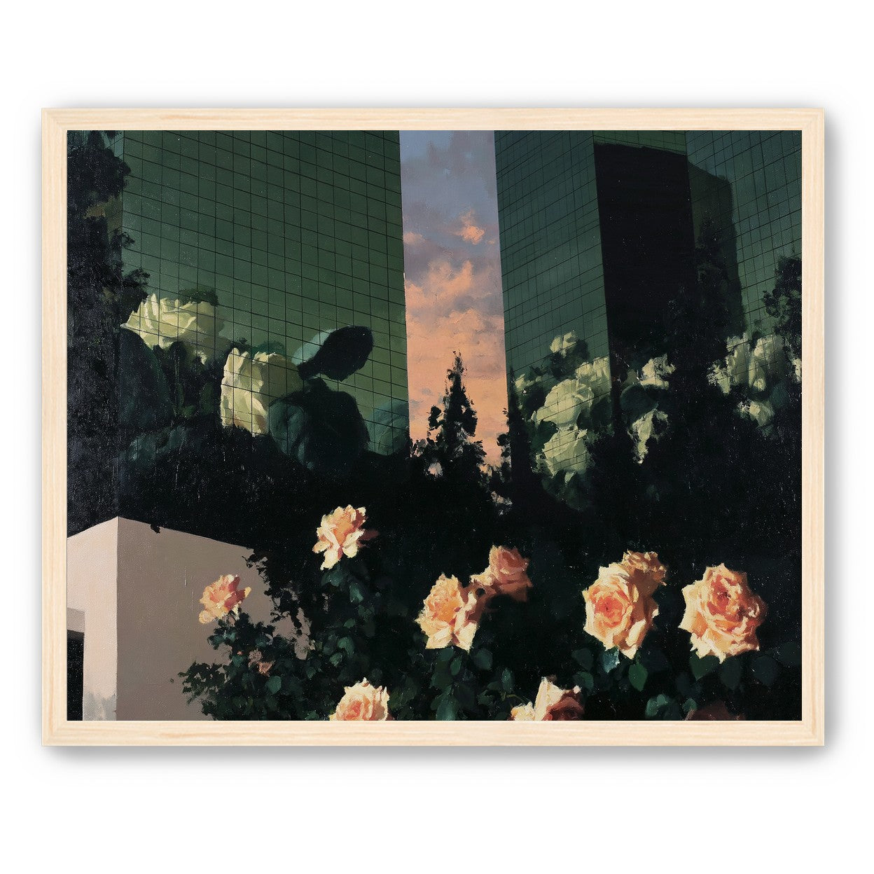 Roses under green towers