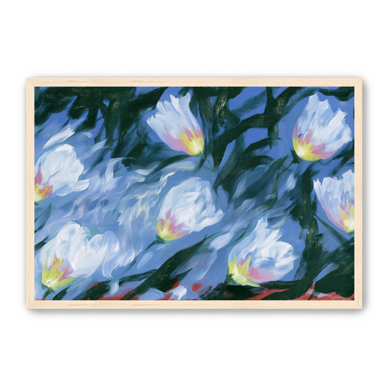 White tulips on blue ground