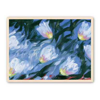 White tulips on blue ground