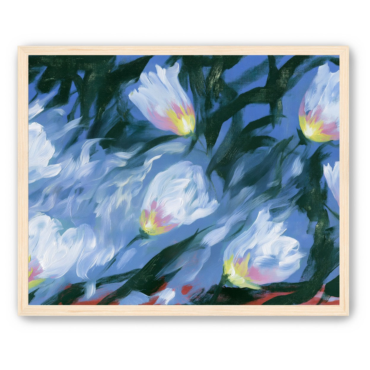 White tulips on blue ground