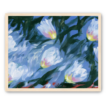 White tulips on blue ground