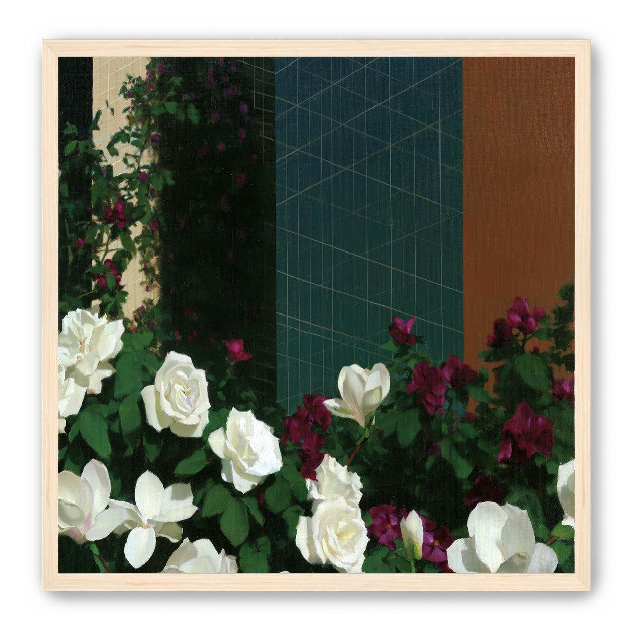 Roses against the blue grid