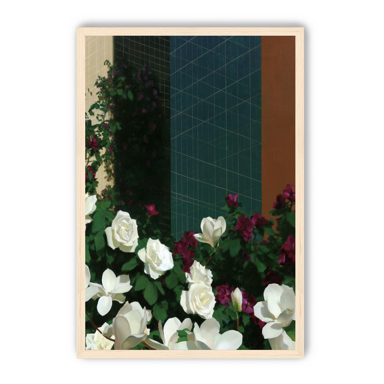 Roses against the blue grid