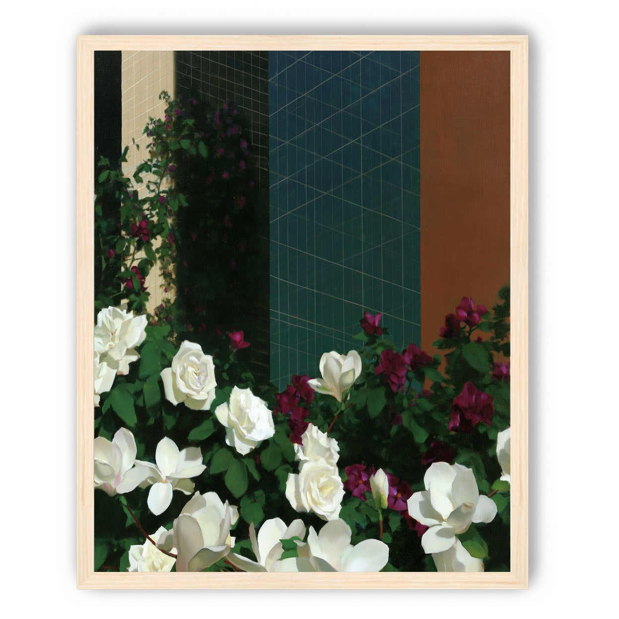 Roses against the blue grid