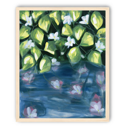 White flowers over blue water
