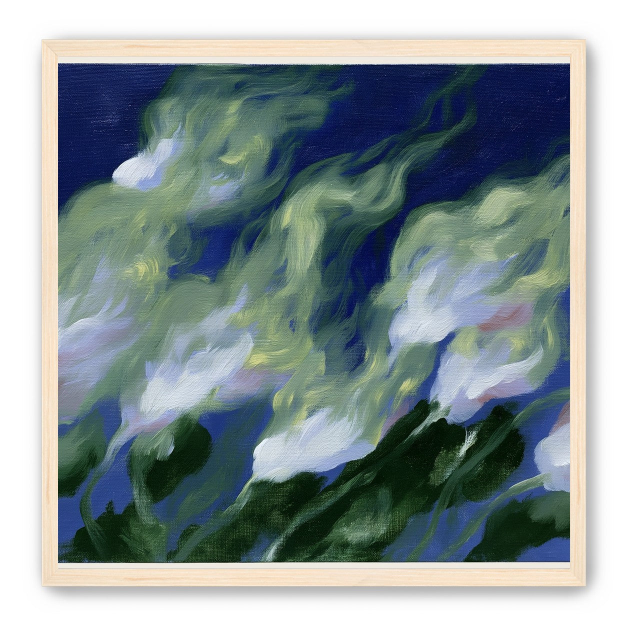 Pale flowers across blue field