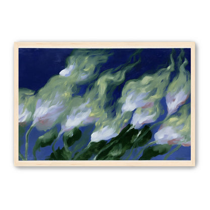 Pale flowers across blue field