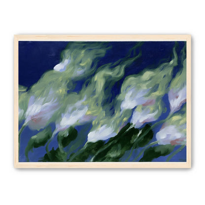 Pale flowers across blue field