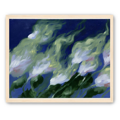 Pale flowers across blue field