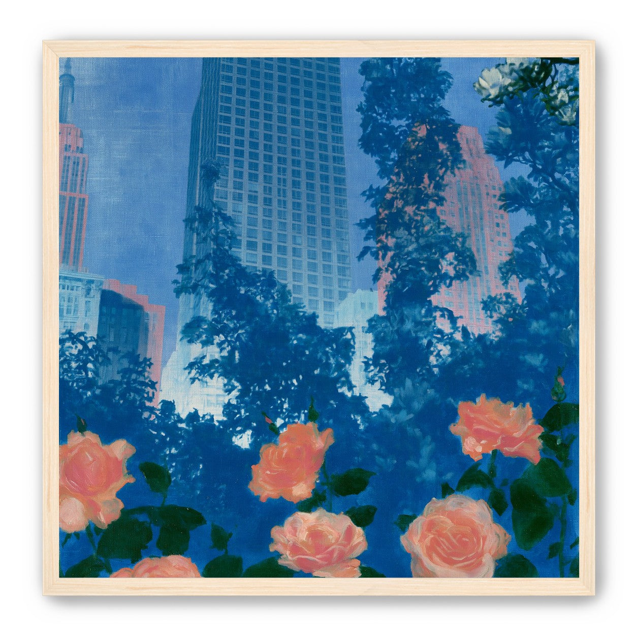 Pink roses below skyscrapers