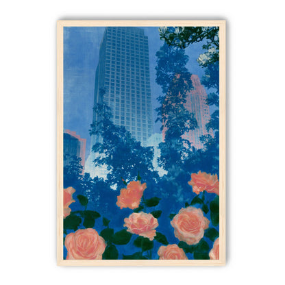 Pink roses below skyscrapers