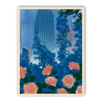 Pink roses below skyscrapers