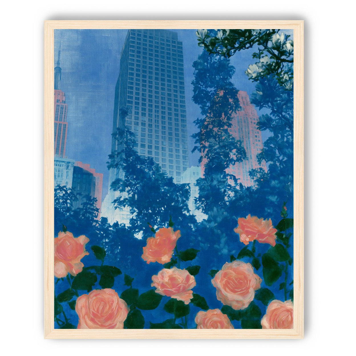 Pink roses below skyscrapers